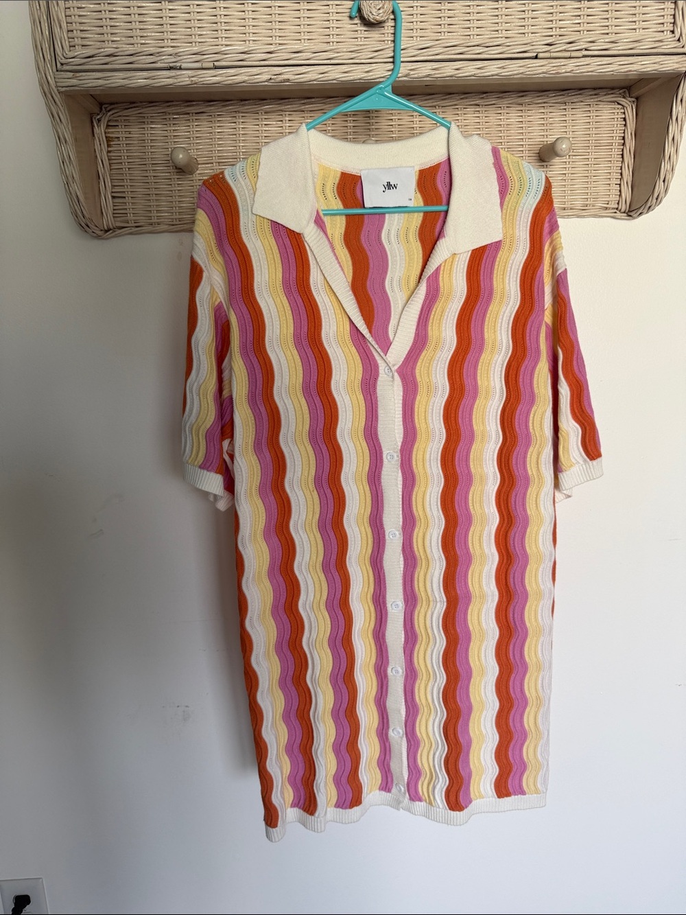 YLLW brand Wave-Stripe Button-Front Midi Dress in Pink, Orange & Cream sz s/m